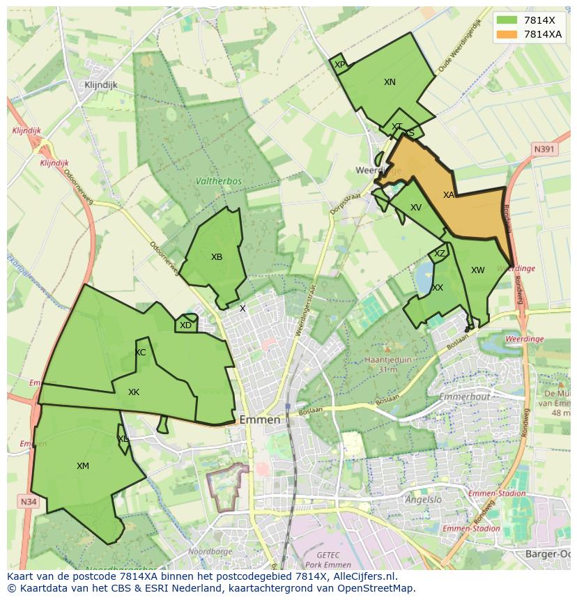 Afbeelding van het postcodegebied 7814 XA op de kaart.