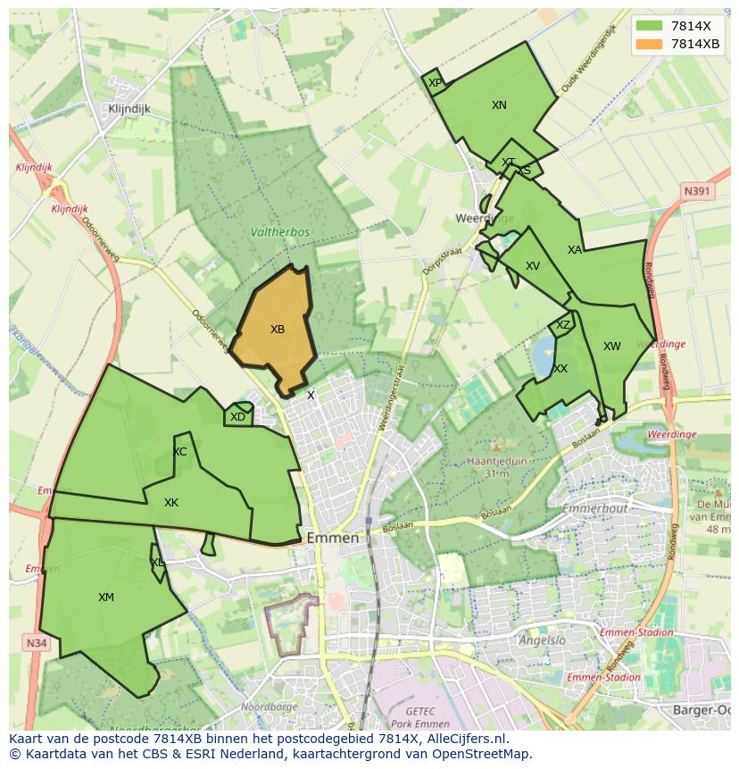 Afbeelding van het postcodegebied 7814 XB op de kaart.