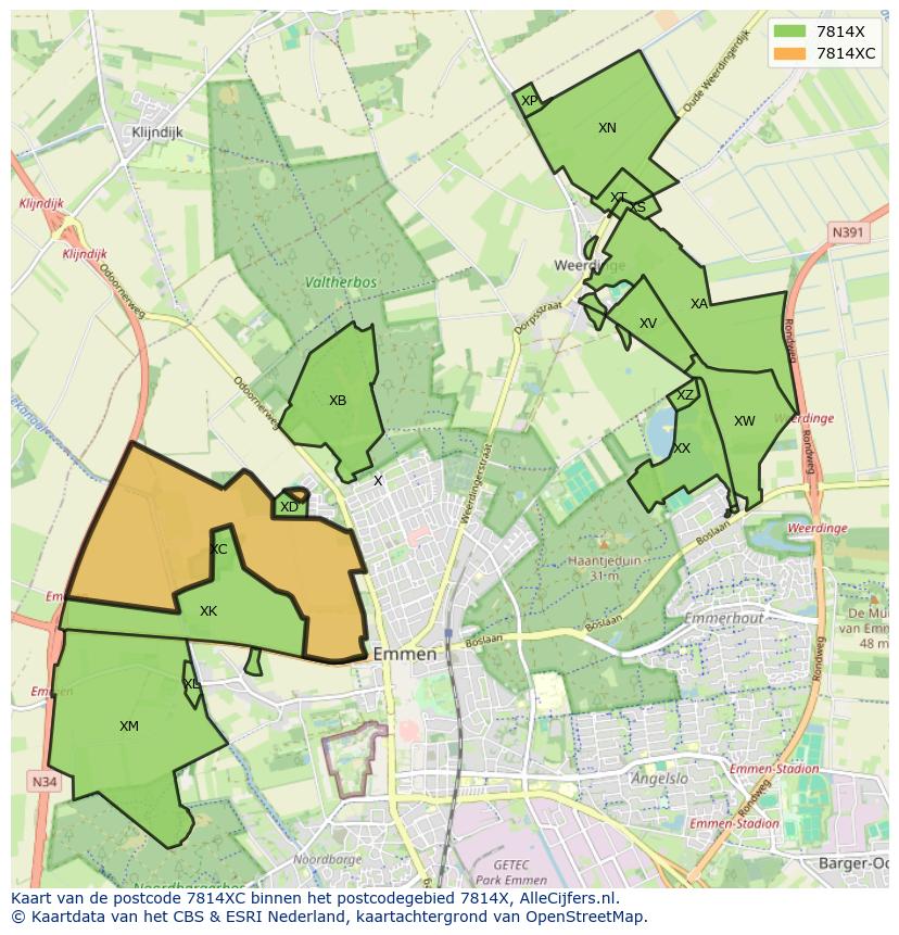 Afbeelding van het postcodegebied 7814 XC op de kaart.