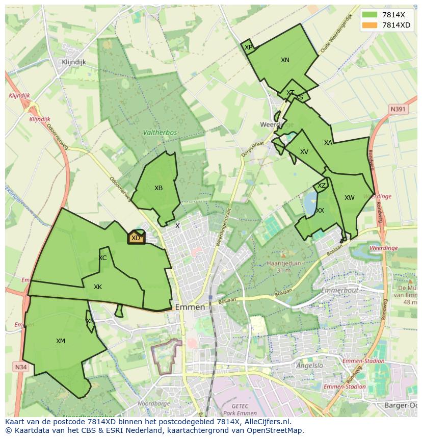 Afbeelding van het postcodegebied 7814 XD op de kaart.
