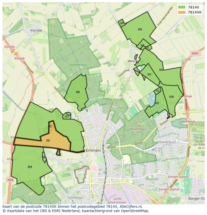 Afbeelding van het postcodegebied 7814 XK op de kaart.
