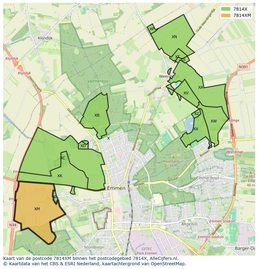 Afbeelding van het postcodegebied 7814 XM op de kaart.