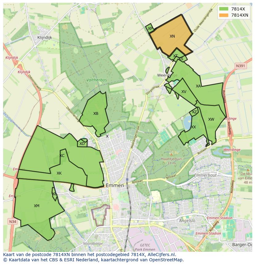 Afbeelding van het postcodegebied 7814 XN op de kaart.