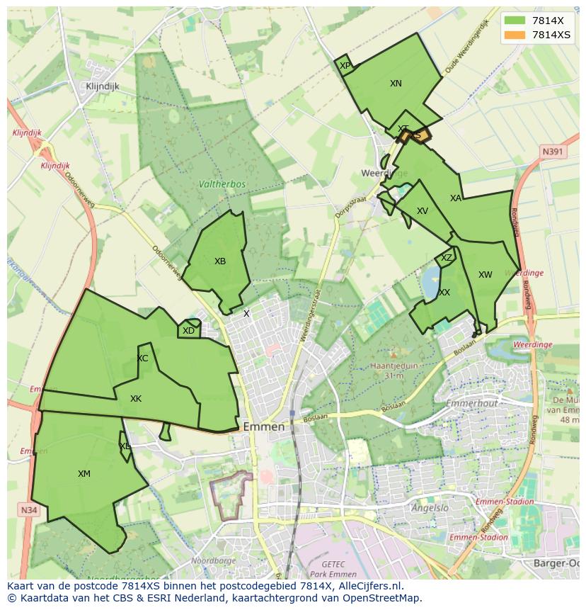 Afbeelding van het postcodegebied 7814 XS op de kaart.