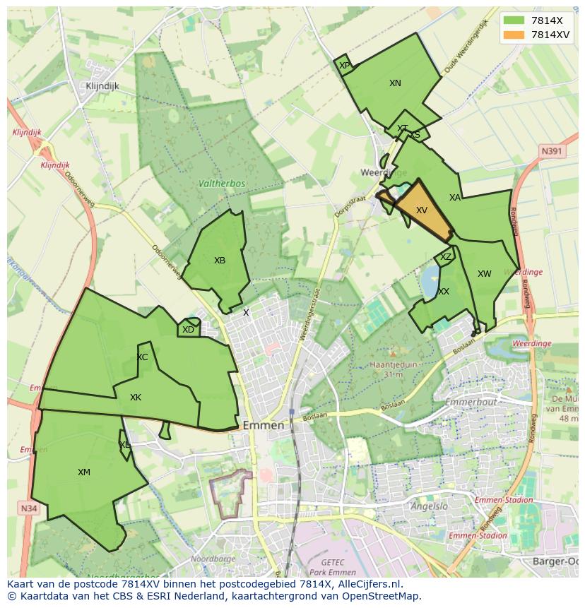 Afbeelding van het postcodegebied 7814 XV op de kaart.