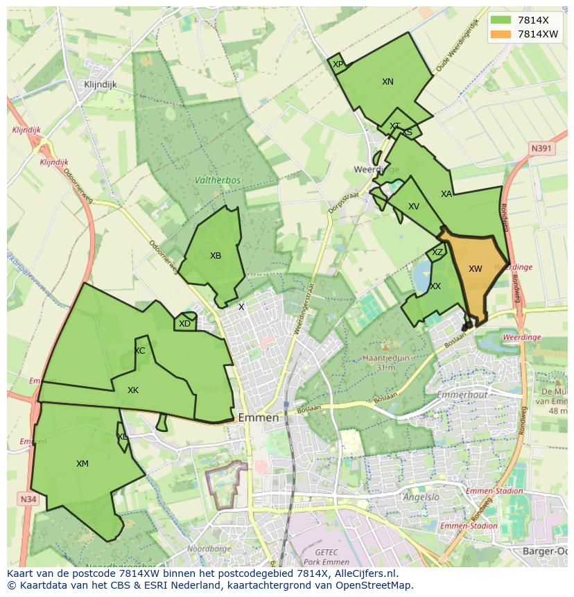 Afbeelding van het postcodegebied 7814 XW op de kaart.