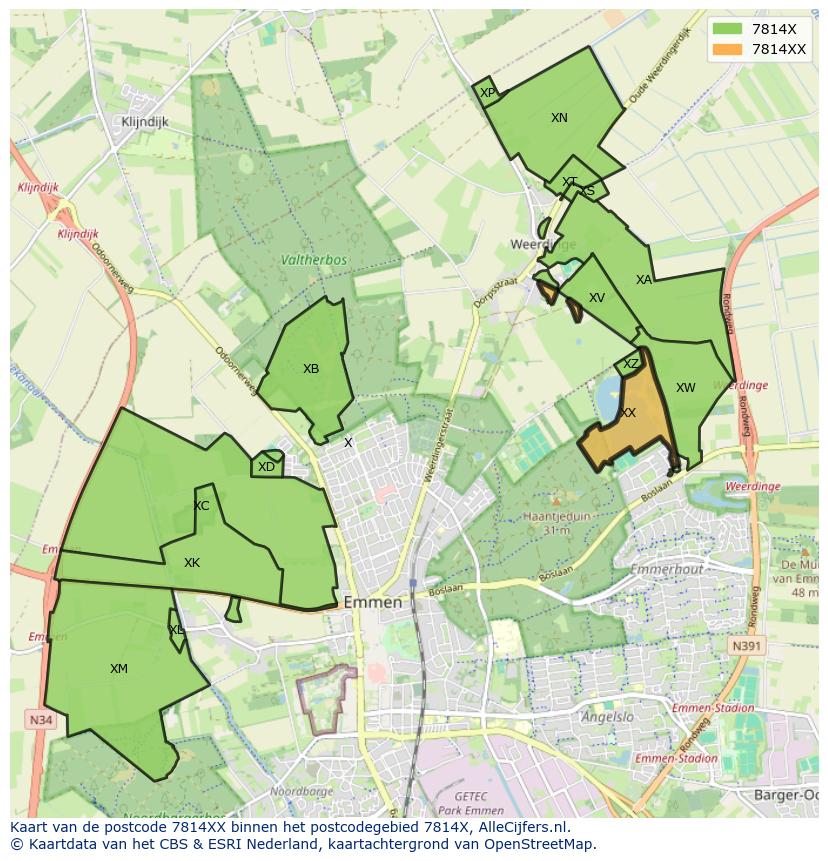 Afbeelding van het postcodegebied 7814 XX op de kaart.