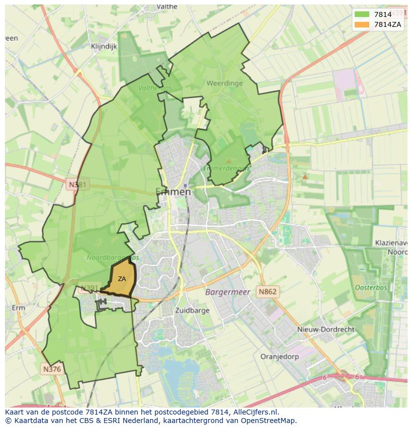Afbeelding van het postcodegebied 7814 ZA op de kaart.