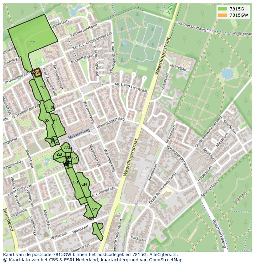 Afbeelding van het postcodegebied 7815 GW op de kaart.
