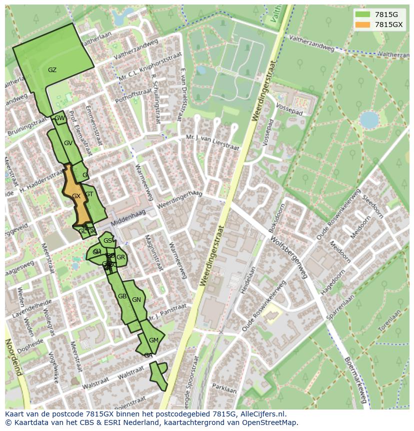 Afbeelding van het postcodegebied 7815 GX op de kaart.