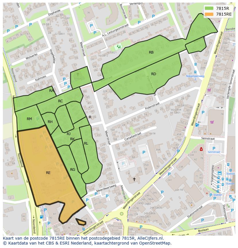 Afbeelding van het postcodegebied 7815 RE op de kaart.