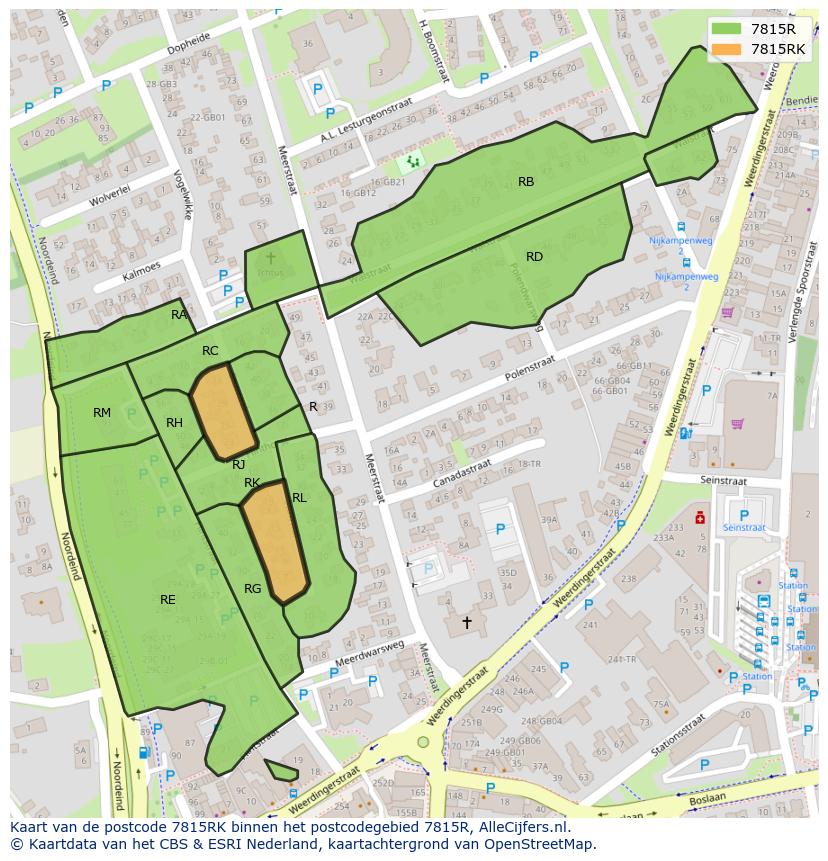 Afbeelding van het postcodegebied 7815 RK op de kaart.