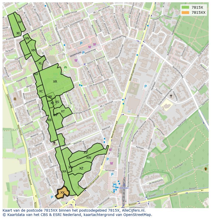 Afbeelding van het postcodegebied 7815 XX op de kaart.