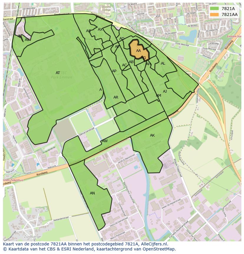 Afbeelding van het postcodegebied 7821 AA op de kaart.