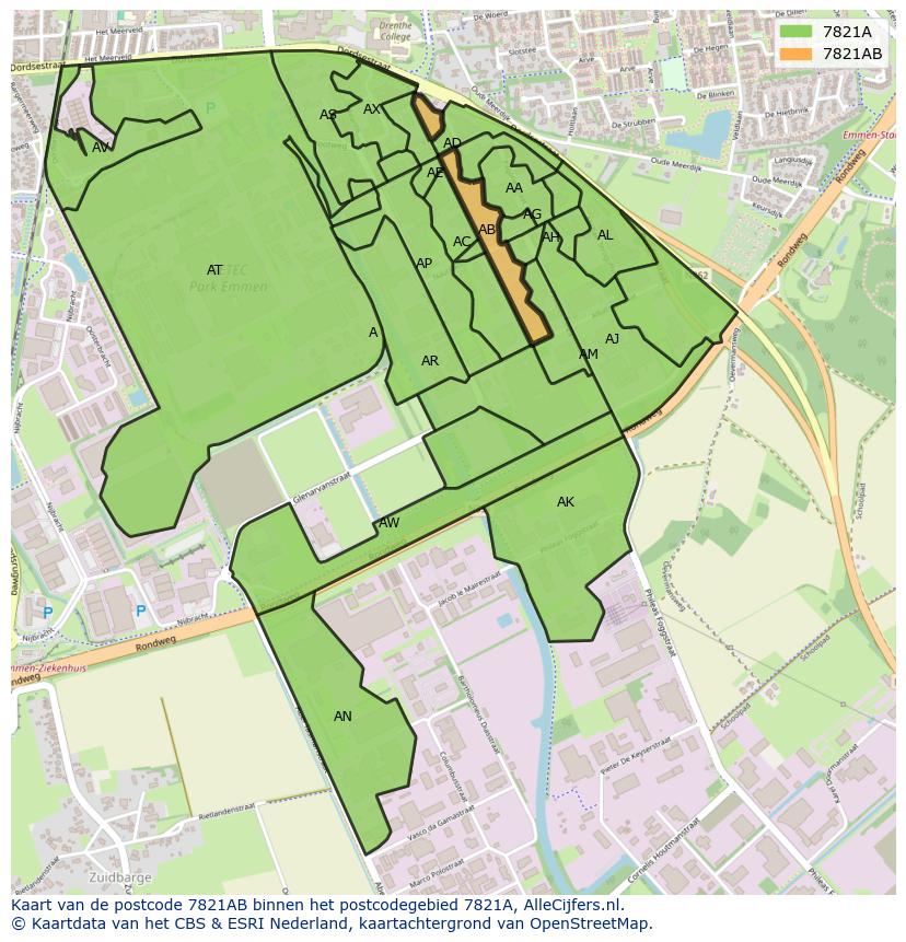 Afbeelding van het postcodegebied 7821 AB op de kaart.