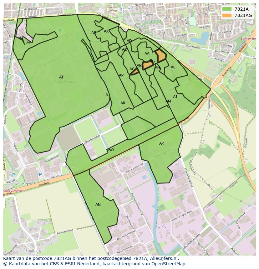 Afbeelding van het postcodegebied 7821 AG op de kaart.