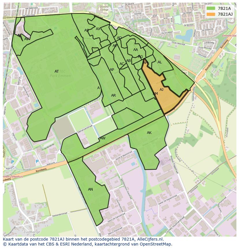 Afbeelding van het postcodegebied 7821 AJ op de kaart.