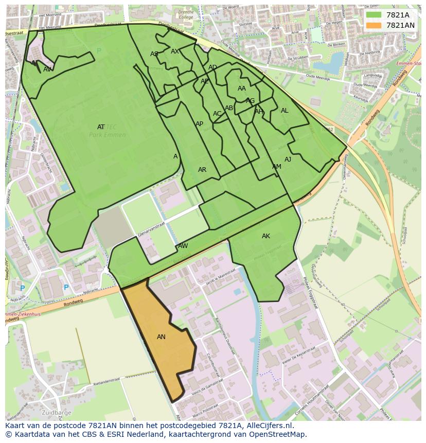 Afbeelding van het postcodegebied 7821 AN op de kaart.