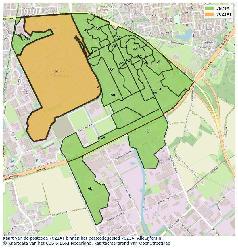 Afbeelding van het postcodegebied 7821 AT op de kaart.