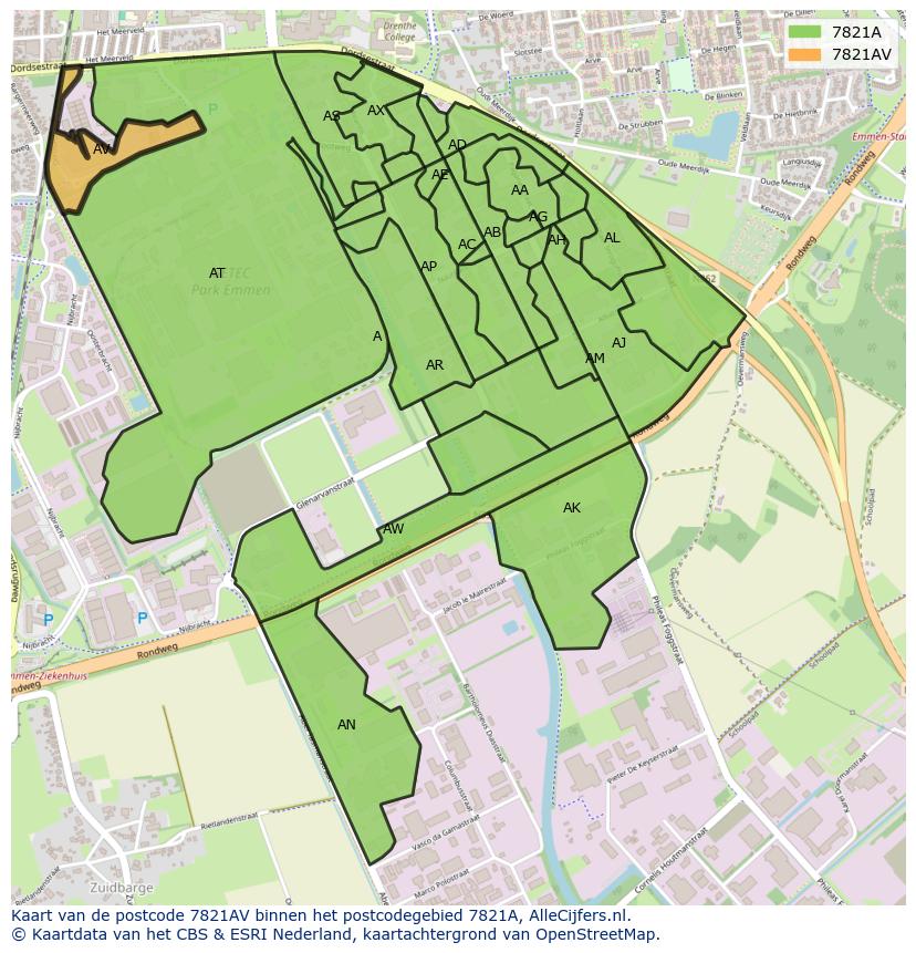 Afbeelding van het postcodegebied 7821 AV op de kaart.