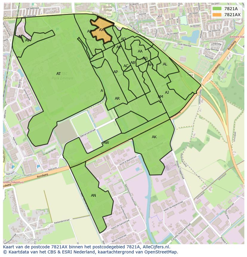 Afbeelding van het postcodegebied 7821 AX op de kaart.