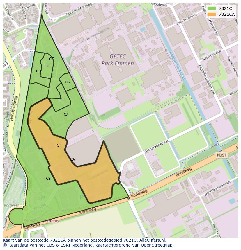 Afbeelding van het postcodegebied 7821 CA op de kaart.