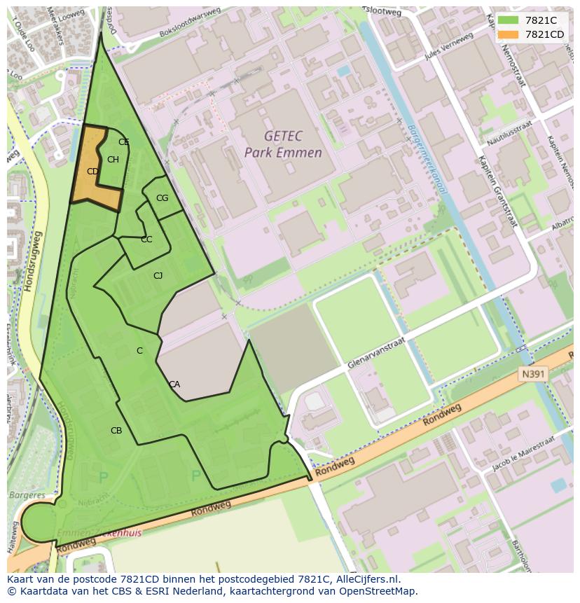 Afbeelding van het postcodegebied 7821 CD op de kaart.