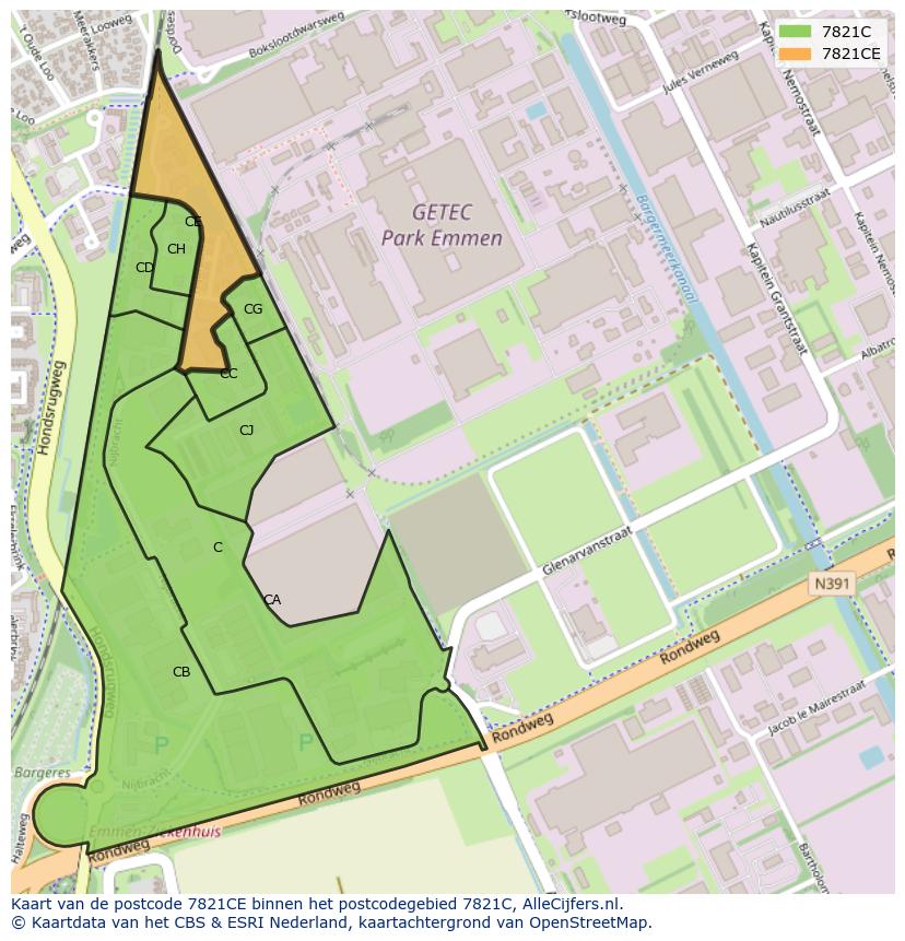 Afbeelding van het postcodegebied 7821 CE op de kaart.