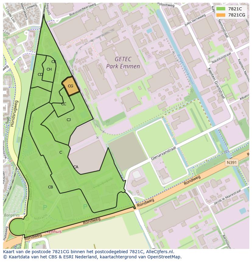 Afbeelding van het postcodegebied 7821 CG op de kaart.