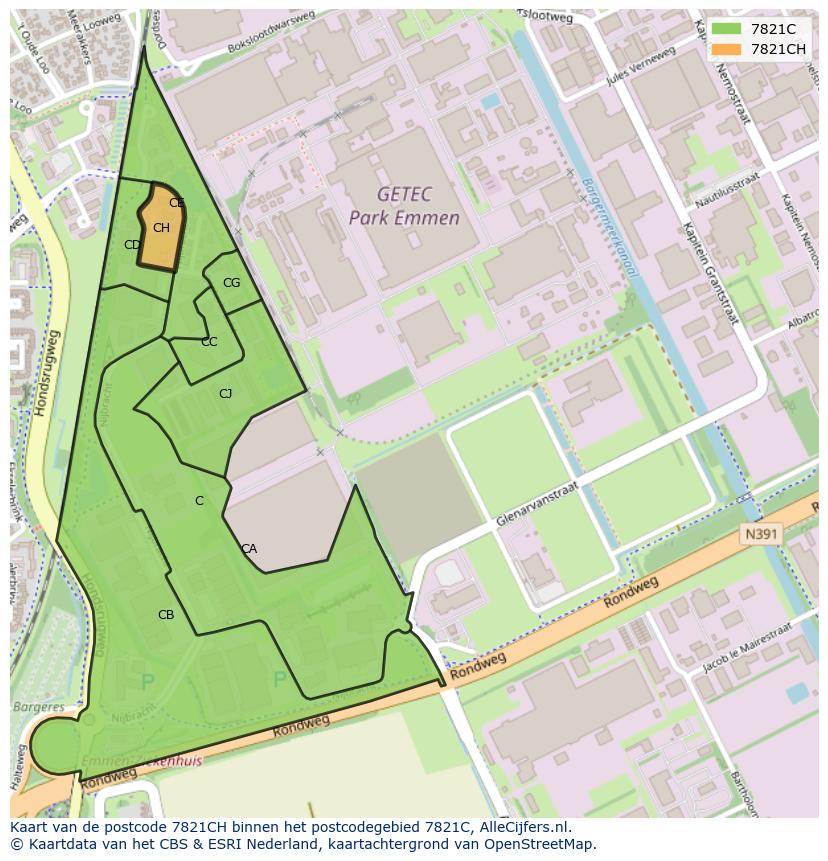 Afbeelding van het postcodegebied 7821 CH op de kaart.