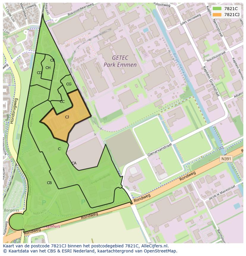 Afbeelding van het postcodegebied 7821 CJ op de kaart.