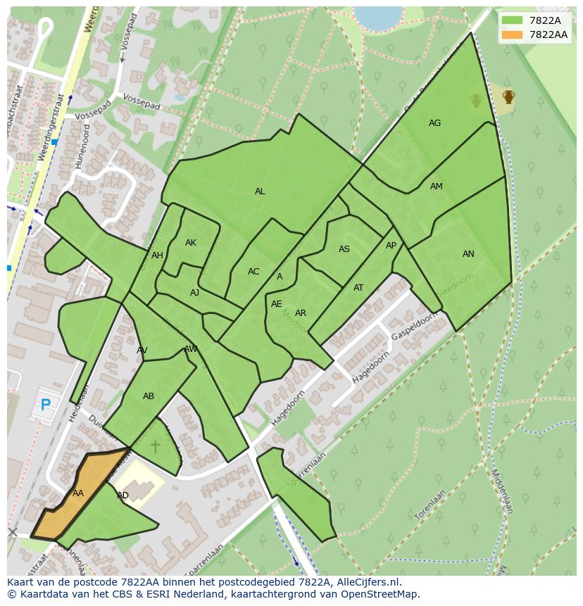 Afbeelding van het postcodegebied 7822 AA op de kaart.