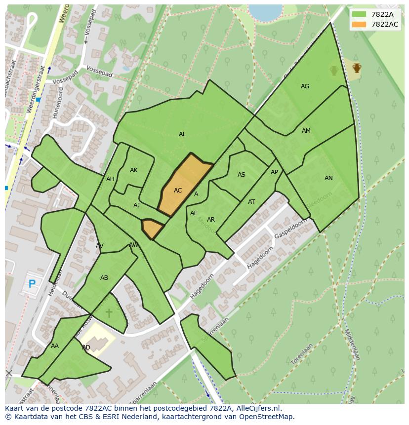 Afbeelding van het postcodegebied 7822 AC op de kaart.