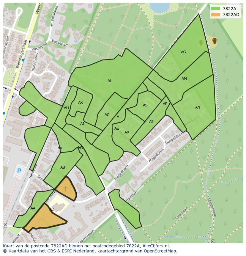 Afbeelding van het postcodegebied 7822 AD op de kaart.