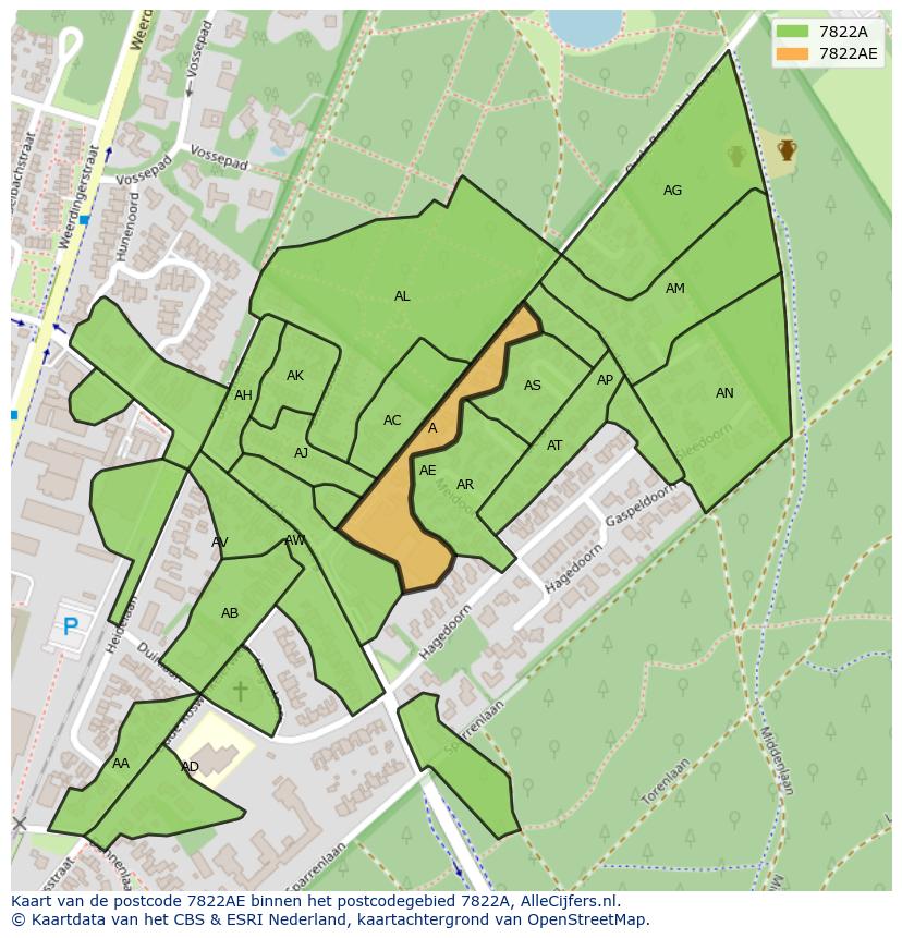 Afbeelding van het postcodegebied 7822 AE op de kaart.