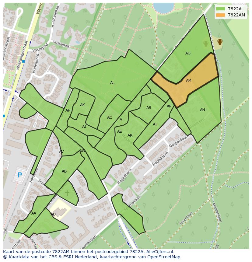 Afbeelding van het postcodegebied 7822 AM op de kaart.