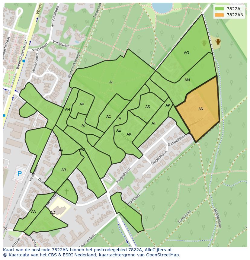 Afbeelding van het postcodegebied 7822 AN op de kaart.