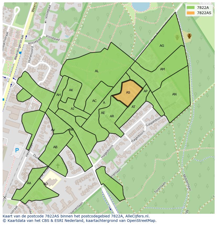 Afbeelding van het postcodegebied 7822 AS op de kaart.