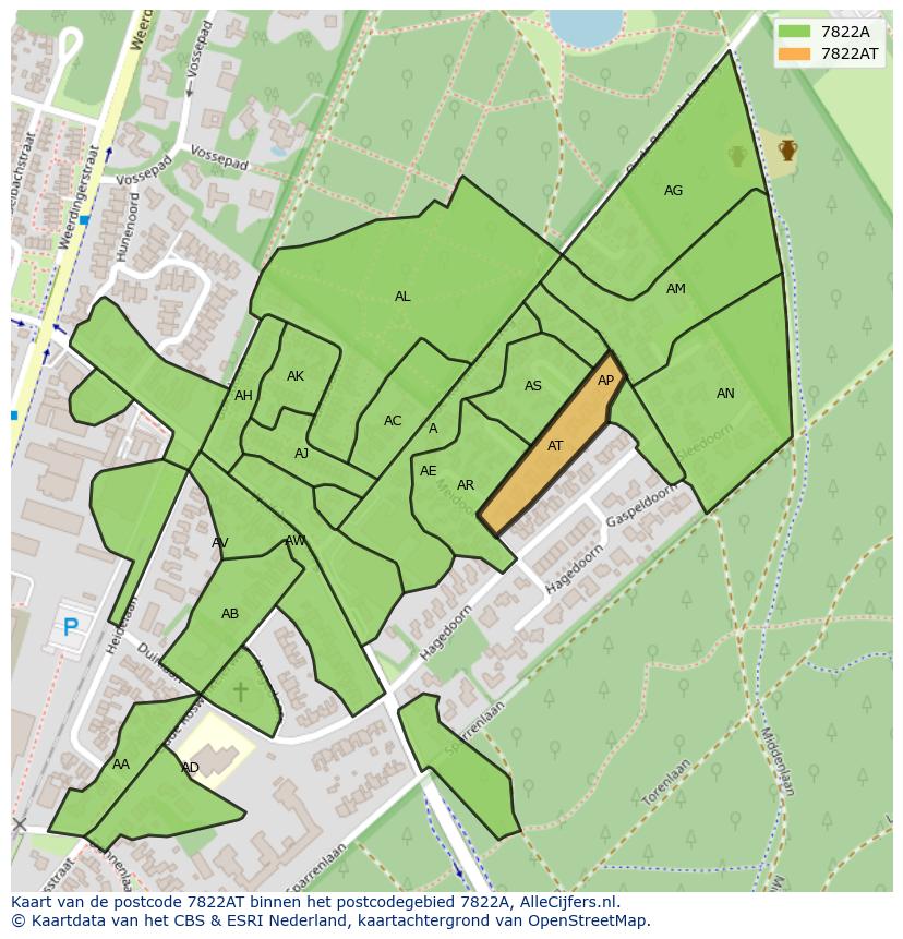 Afbeelding van het postcodegebied 7822 AT op de kaart.