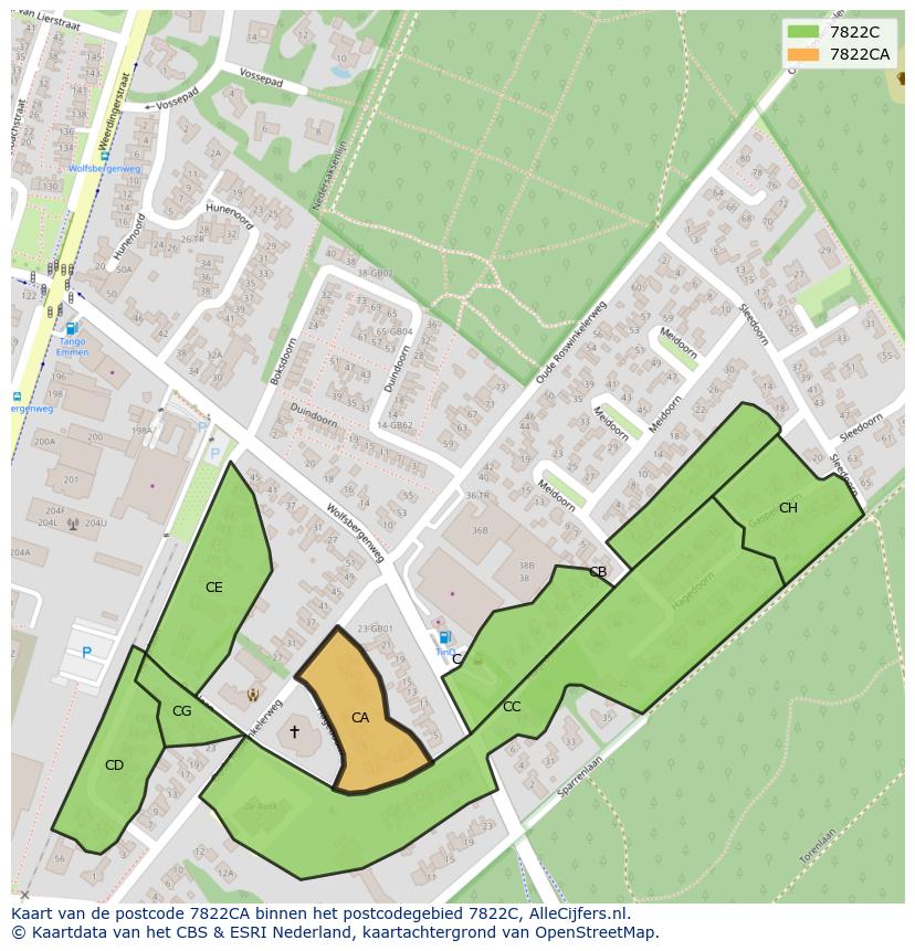 Afbeelding van het postcodegebied 7822 CA op de kaart.