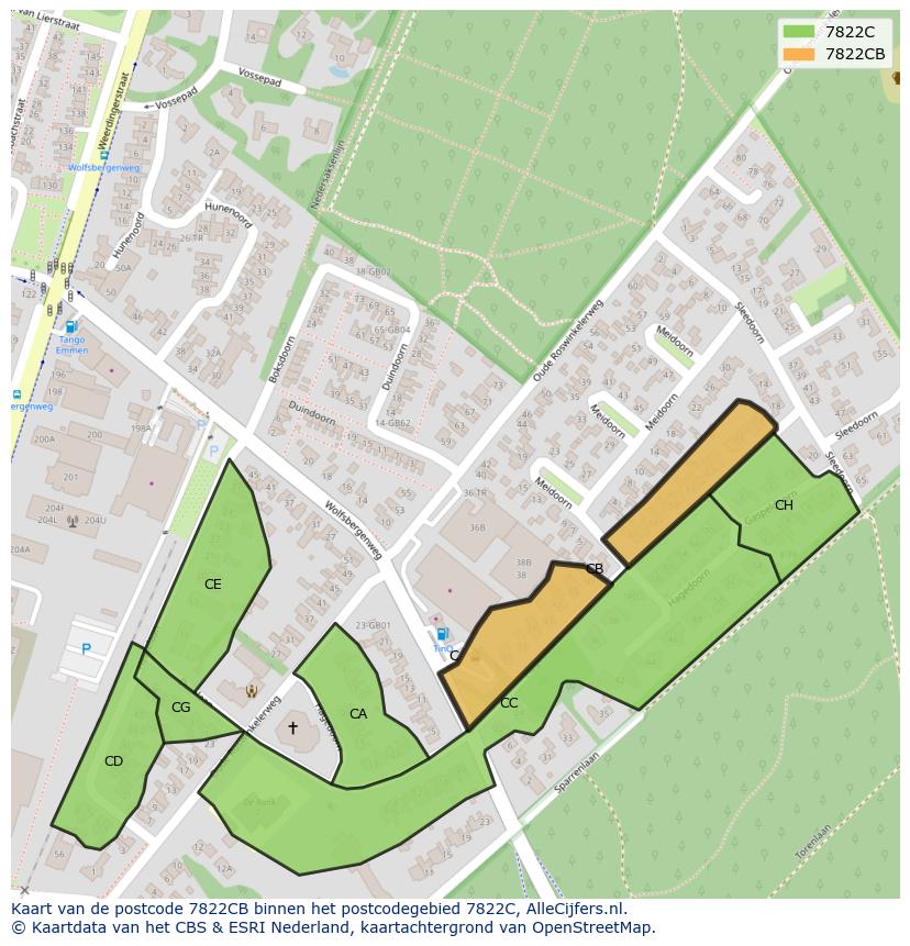 Afbeelding van het postcodegebied 7822 CB op de kaart.