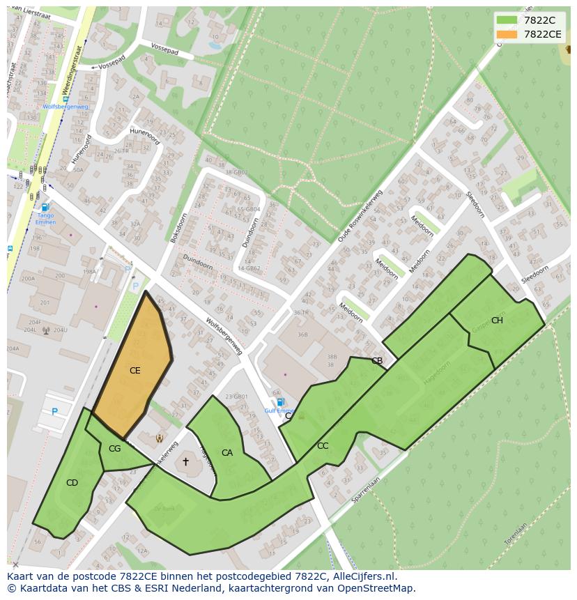Afbeelding van het postcodegebied 7822 CE op de kaart.