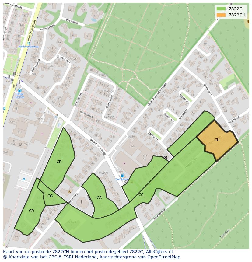Afbeelding van het postcodegebied 7822 CH op de kaart.