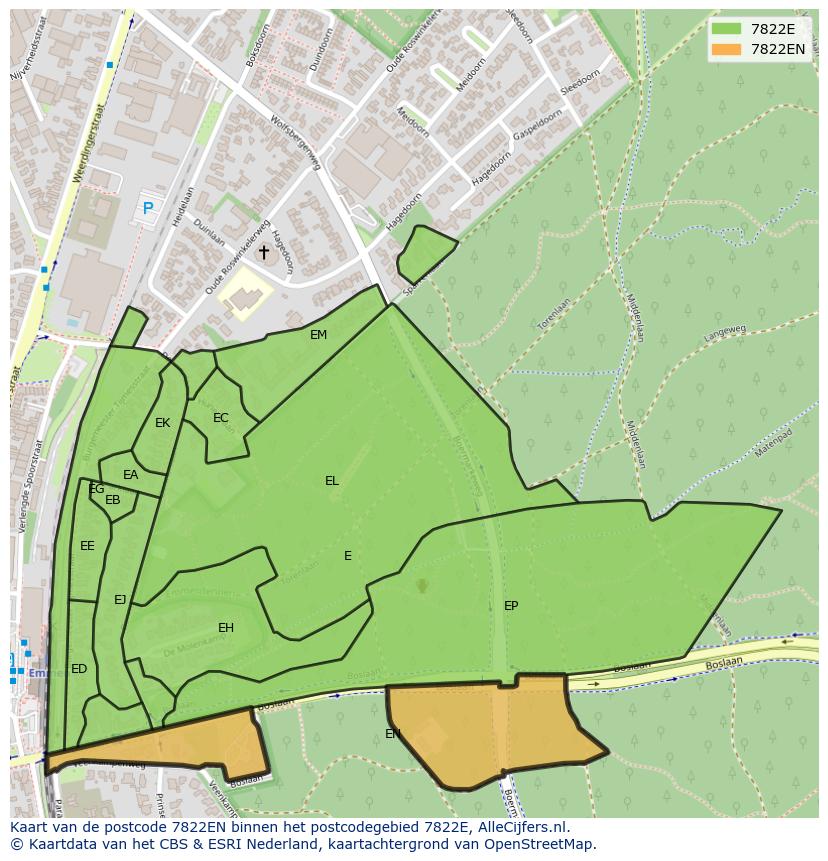 Afbeelding van het postcodegebied 7822 EN op de kaart.