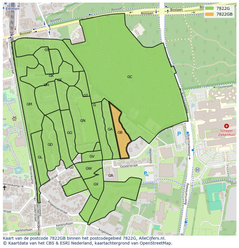 Afbeelding van het postcodegebied 7822 GB op de kaart.