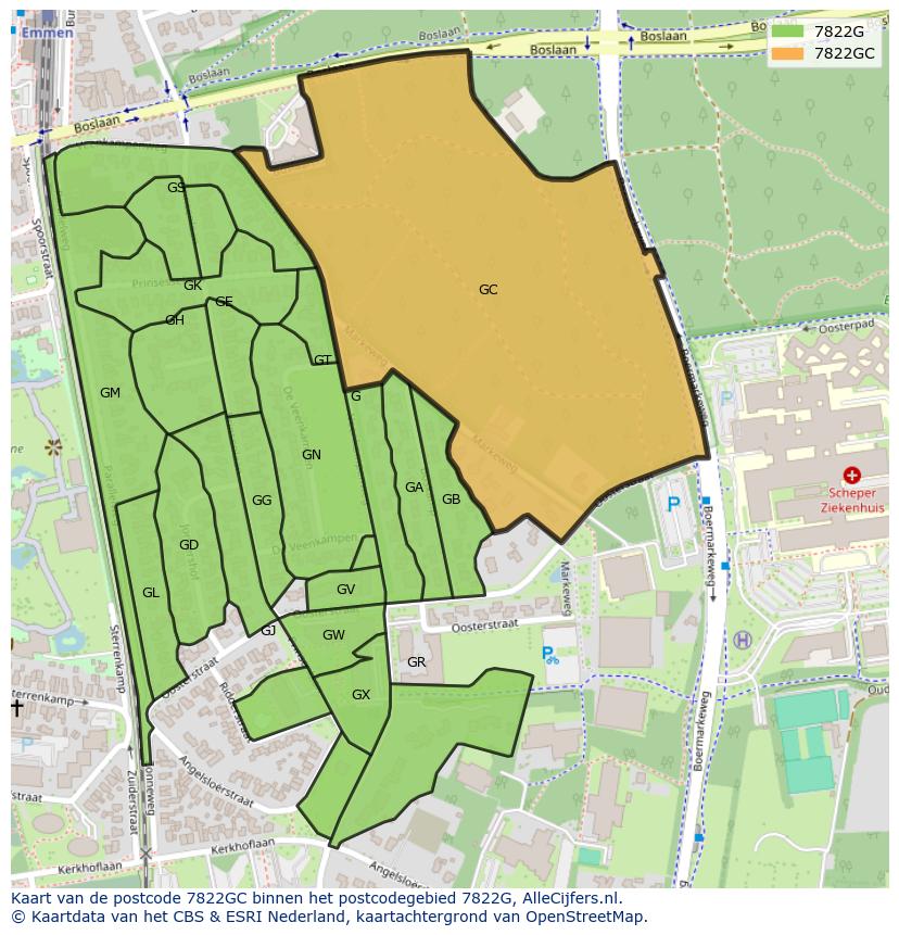 Afbeelding van het postcodegebied 7822 GC op de kaart.