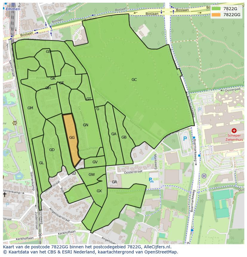 Afbeelding van het postcodegebied 7822 GG op de kaart.