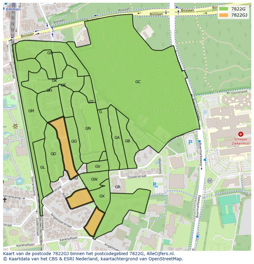Afbeelding van het postcodegebied 7822 GJ op de kaart.