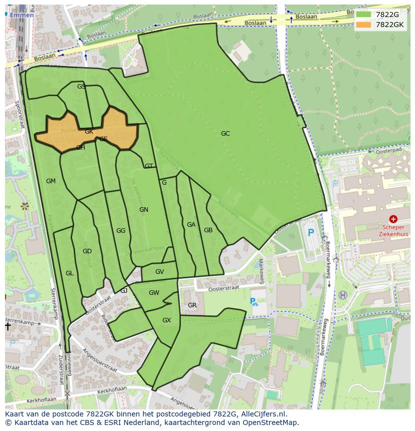 Afbeelding van het postcodegebied 7822 GK op de kaart.
