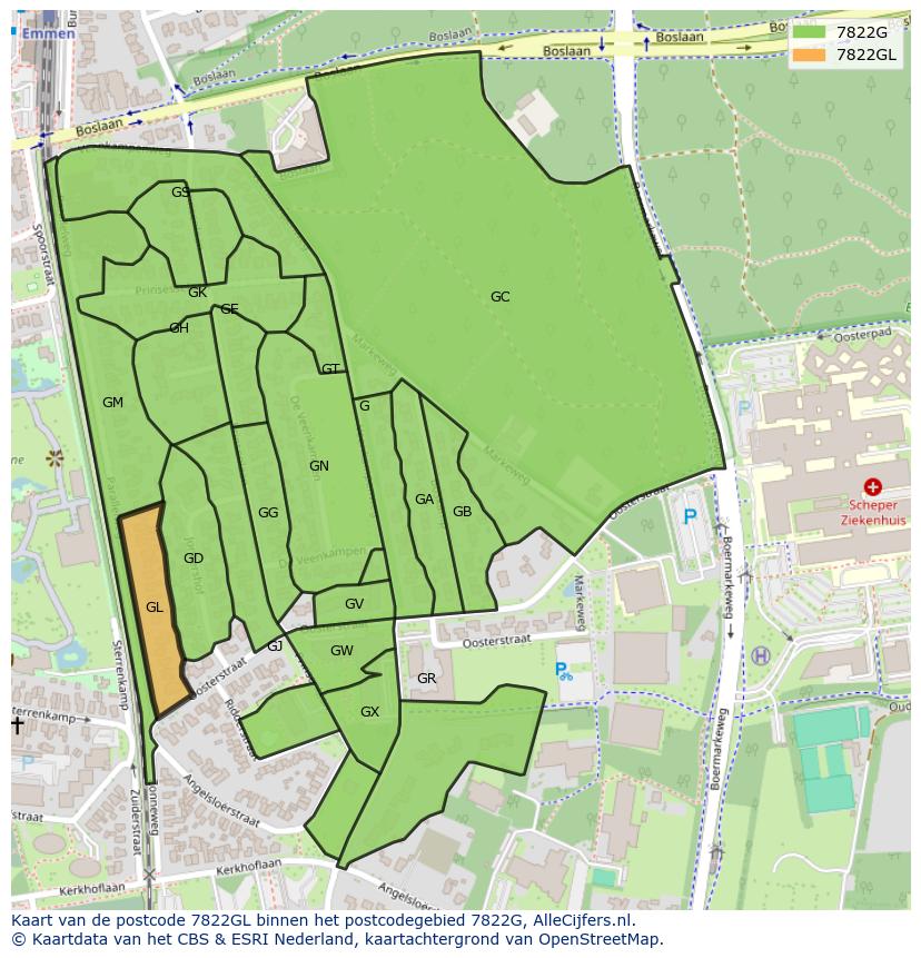 Afbeelding van het postcodegebied 7822 GL op de kaart.